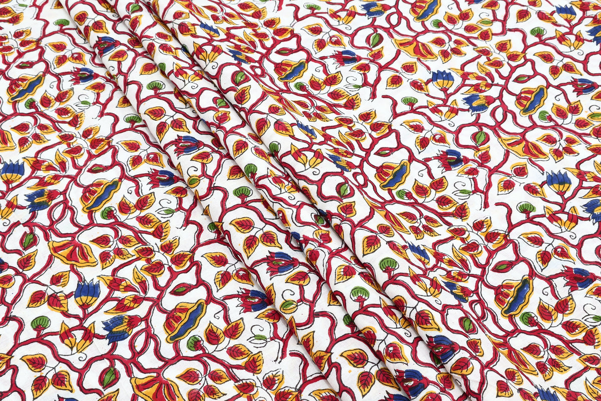 Red Floral Block Print Cotton Fabric: Indian Mughal Style By The Yard