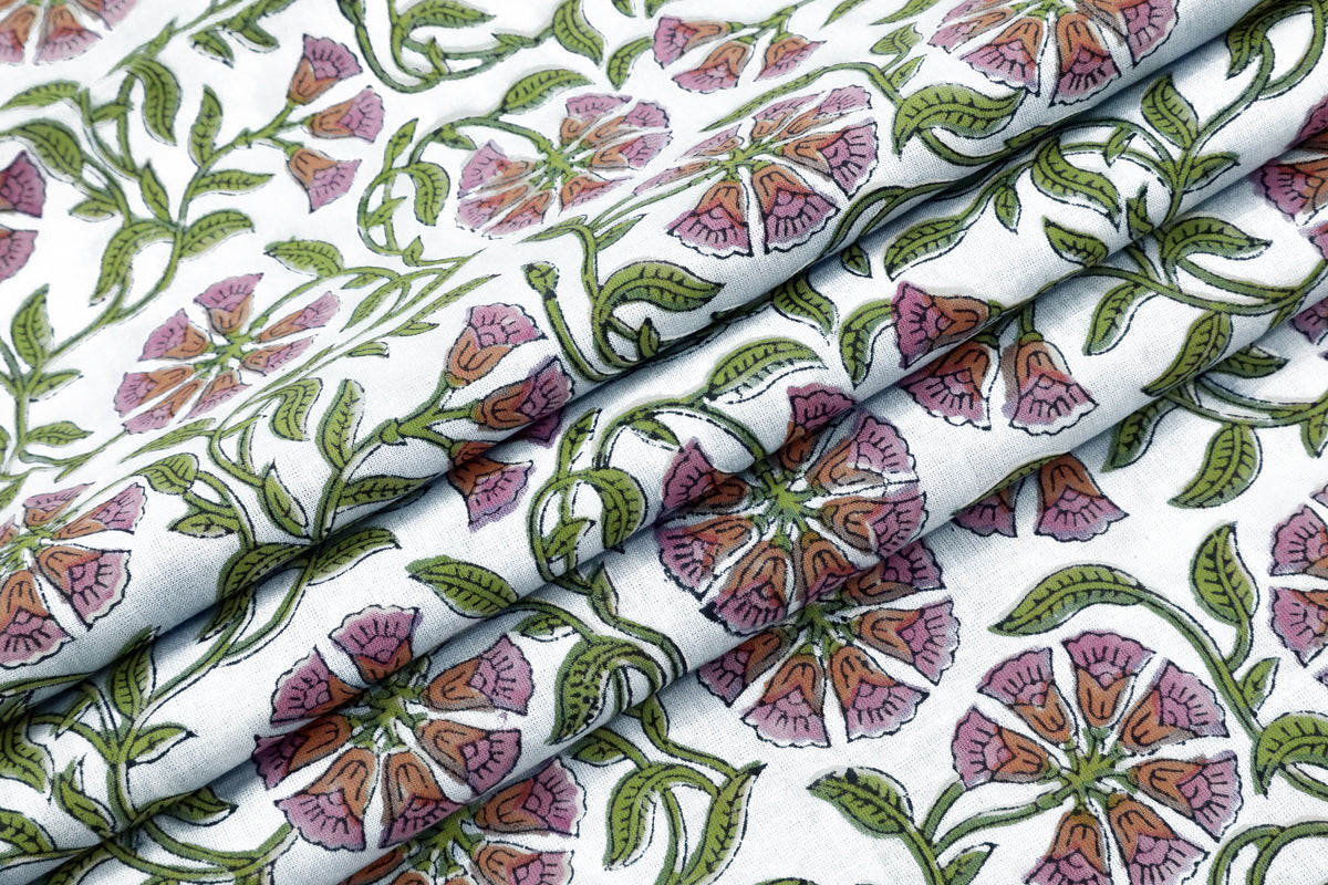 Floral Block Print Cotton Fabric: Pink, Purple, Green Mughal Design