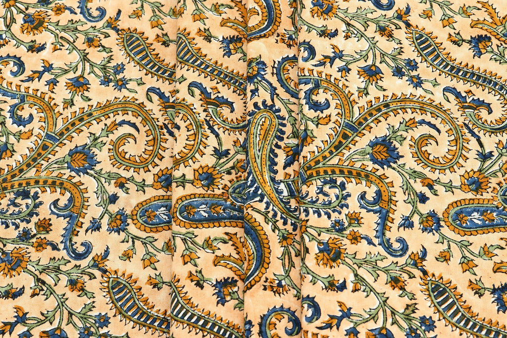 Hand Block Print Cotton Fabric: Beige Paisley Indian Fabric