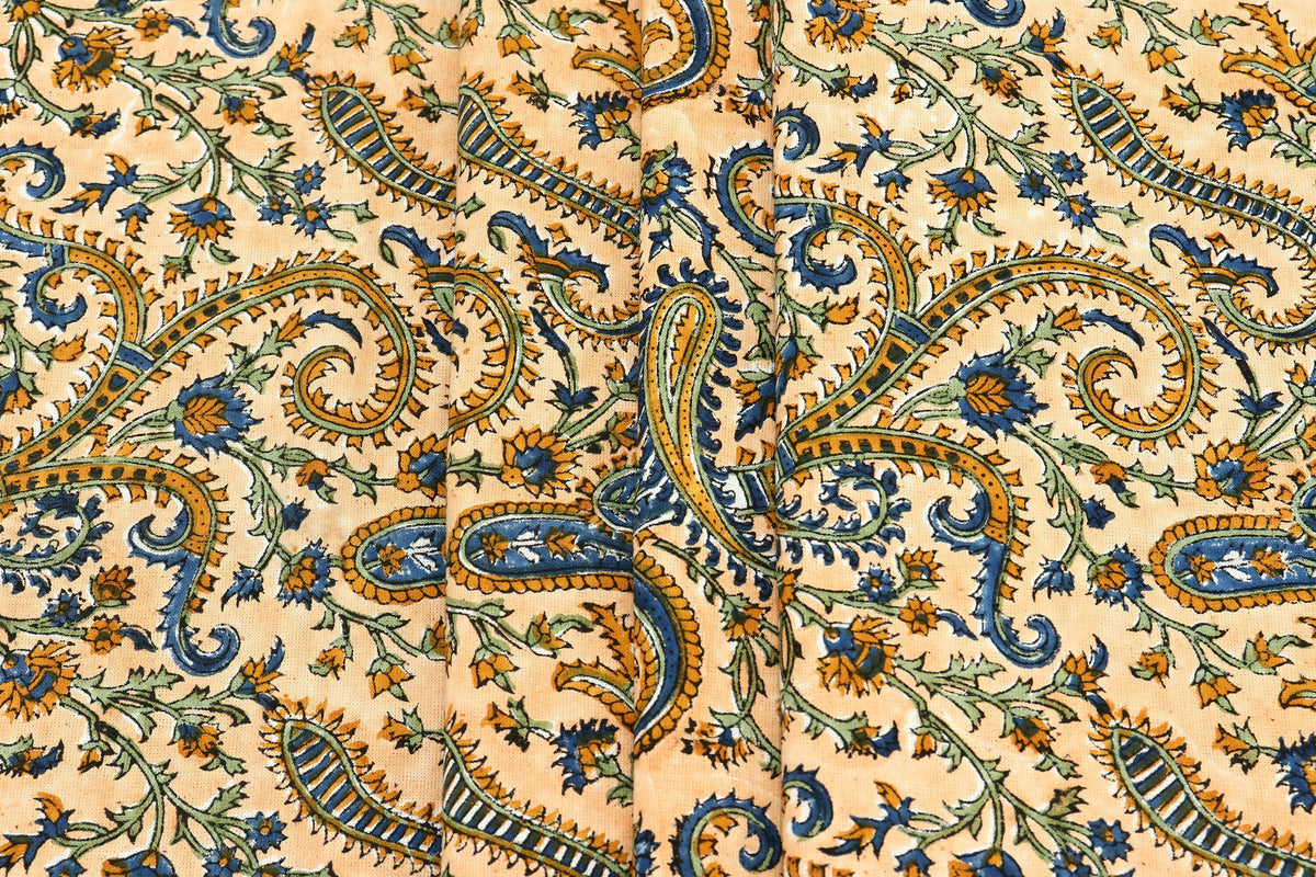 Hand Block Print Cotton Fabric: Beige Paisley Indian Fabric