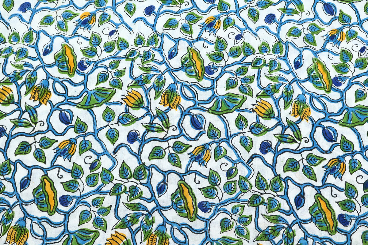 Hand Block Printed Cotton Fabric: Green, Blue, Yellow Floral Mughal Print
