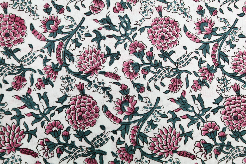 Pink Floral Block Print Cotton Fabric: Handstamped Indian Fabric by the Yard