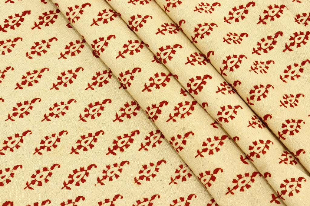 Red Floral Block Print Cotton Fabric: Beige Indian Cloth