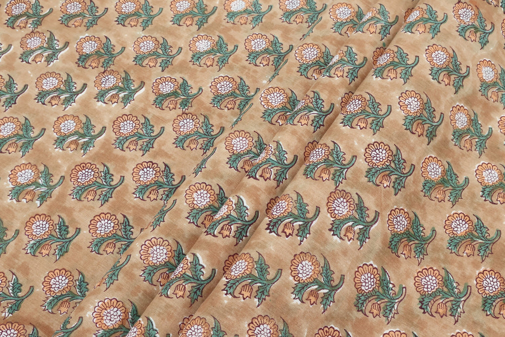 Orange Cotton Traditional Floral Hand Block Print Unstiched Material For Men's Kurta Shirts & Women's Kurti and Other Dress Material