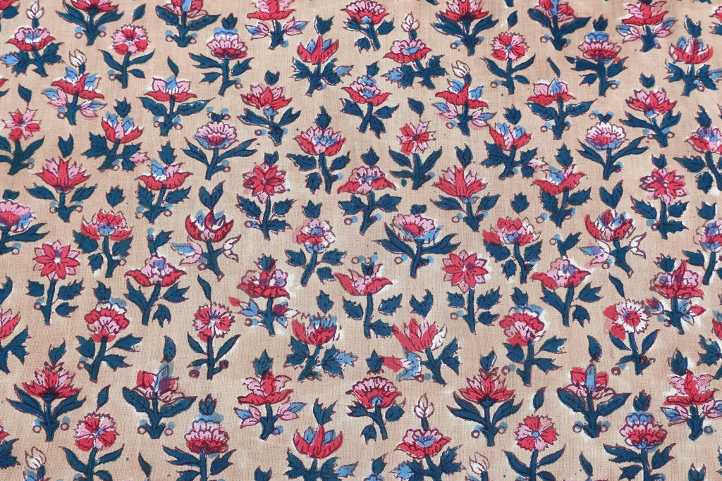 Mughal Floral Print Cotton Fabric: Indian Hand Block Print