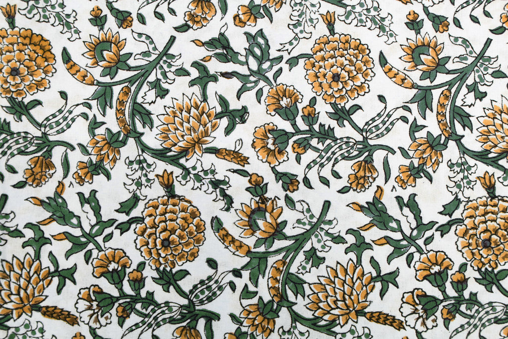 Floral Block Print Cotton Fabric: Yellow Mughal Design by the Yard
