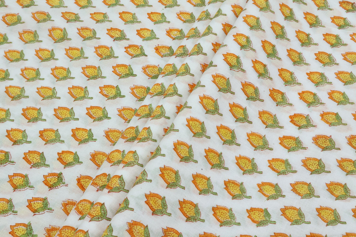 Mughal Print Cotton Fabric: Hand-Stamped Floral Dress Fabric