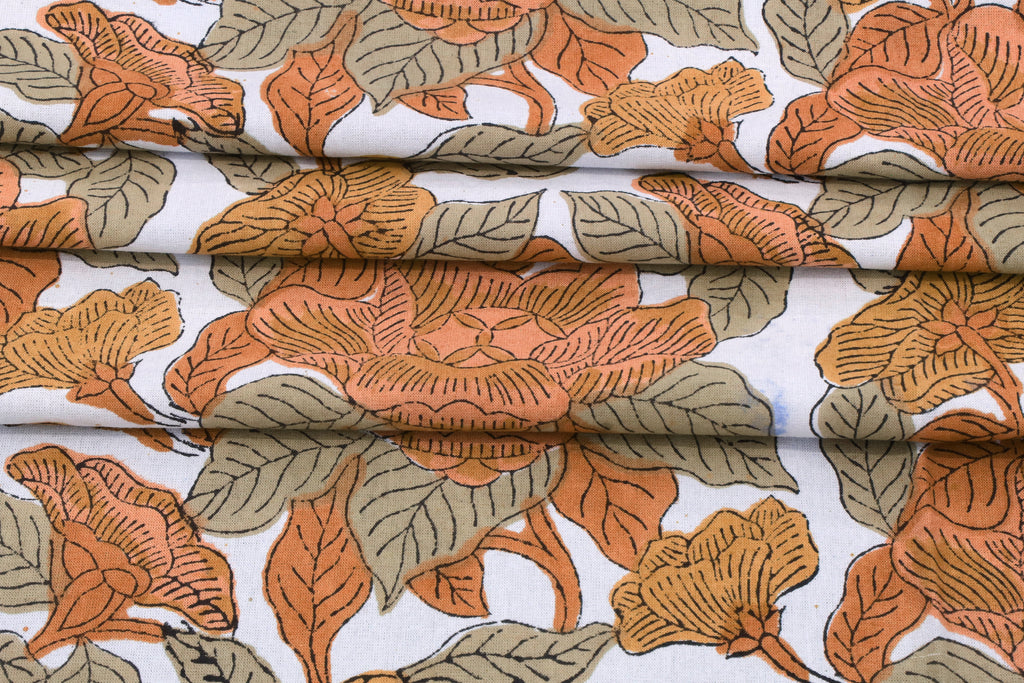 Orange Floral Block Print Fabric: Hand-Stamped Cotton By The Yard