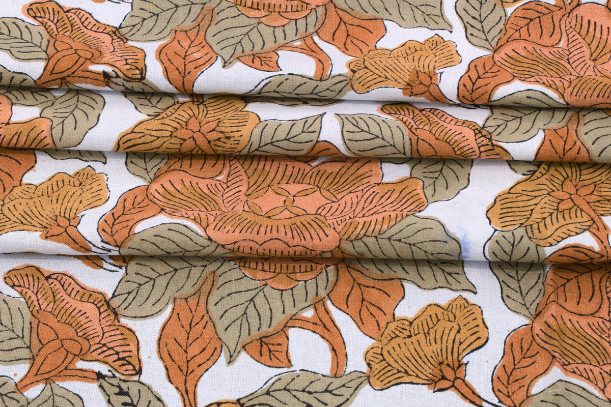 Orange Floral Block Print Fabric: Hand-Stamped Cotton By The Yard