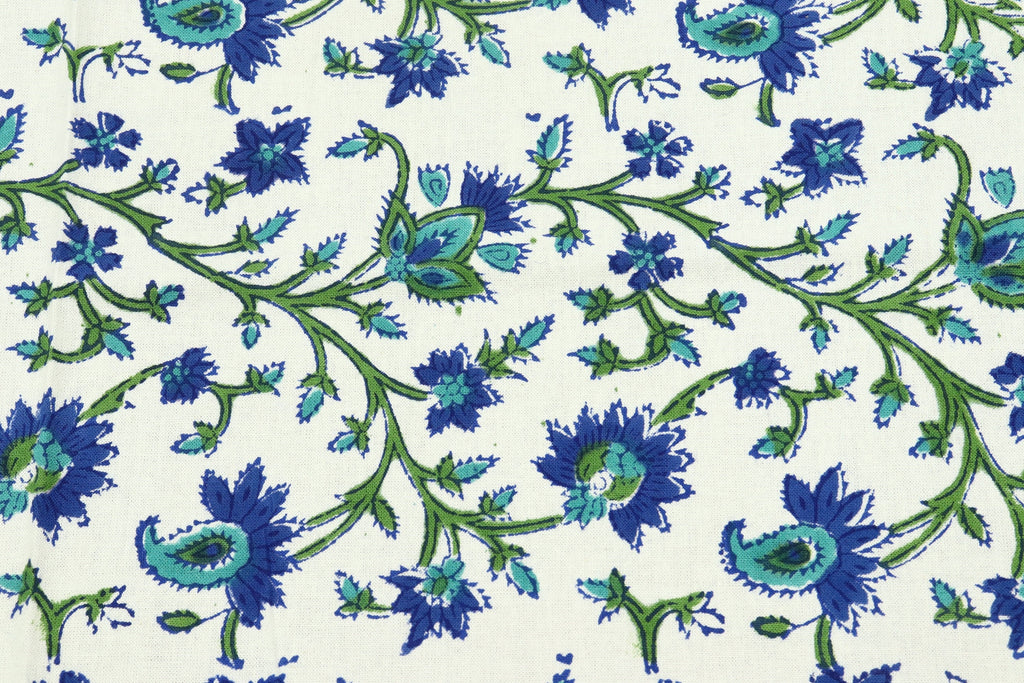 Floral Block Print Cotton Fabric: Blue, Green Mughal Design