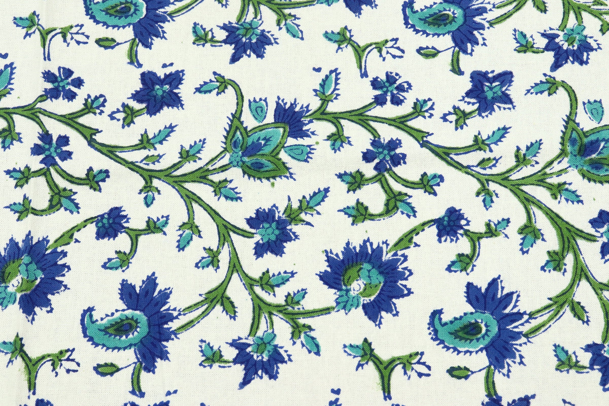 Floral Block Print Cotton Fabric: Blue, Green Mughal Design