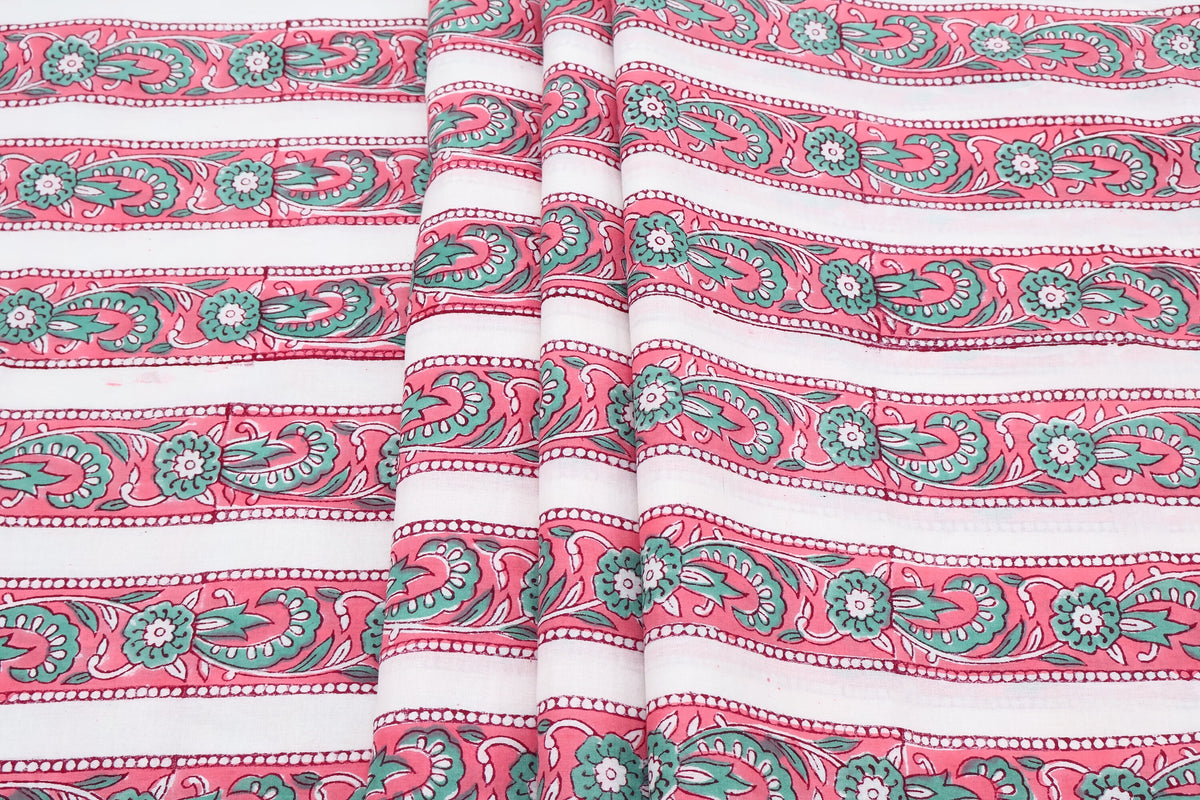 Hand Block Printed Cotton Fabric: Red & Pink Floral Mughal Print