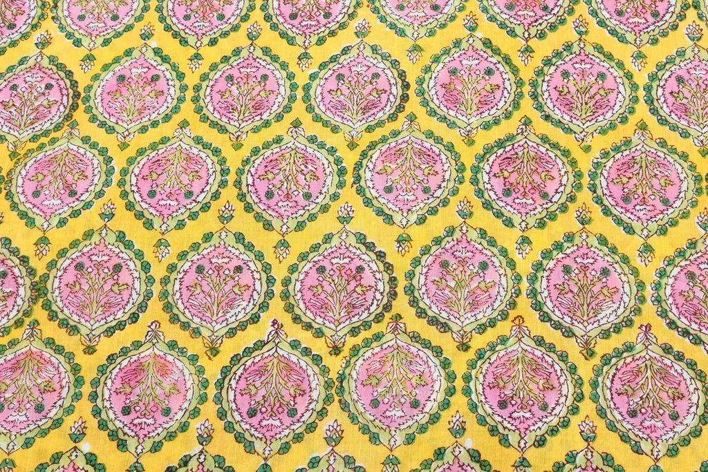 Hand Block Printed Cotton Fabric: Red & Pink Mughal Floral, Indian Textile