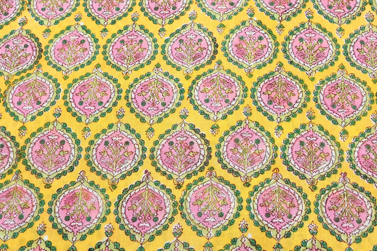 Hand Block Printed Cotton Fabric: Red & Pink Mughal Floral, Indian Textile