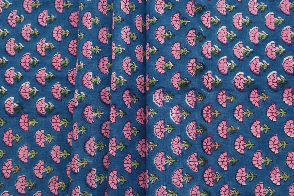 Cotton Floral Hand Block Print Fabric - Pink and Blue Indian Blockprint