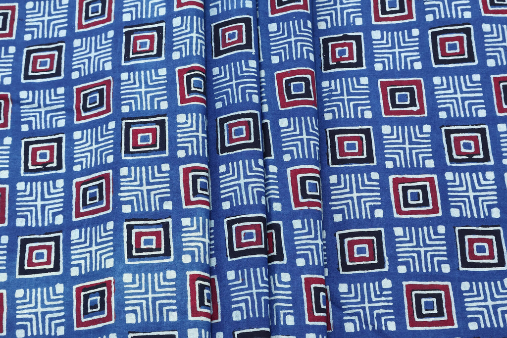Hand Block Printed Cotton Fabric: Red, Pink, Blue Geometric Textile