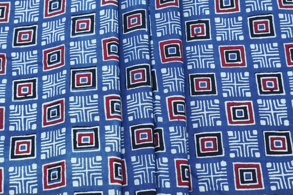 Hand Block Printed Cotton Fabric: Red, Pink, Blue Geometric Textile