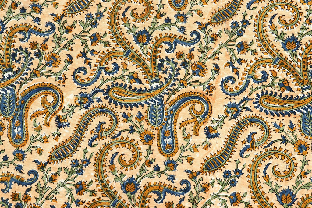 Hand Block Print Cotton Fabric: Beige Paisley Indian Fabric