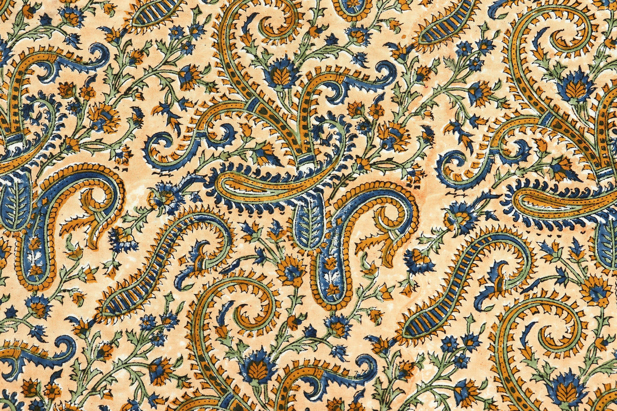Hand Block Print Cotton Fabric: Beige Paisley Indian Fabric