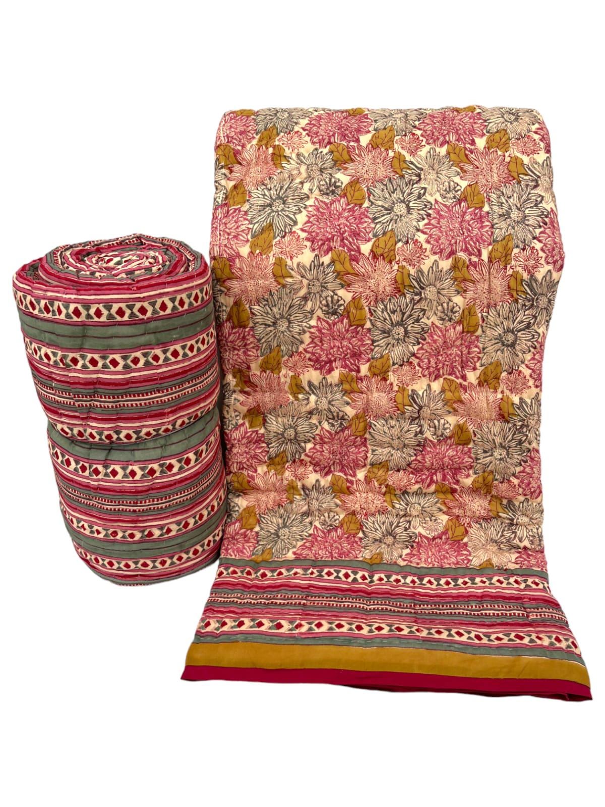 Hand-Block Printed Pure Cotton Quilt – Reversible Artisan Bedding | Lightweight Indian Cotton Jaipuri Razai | Hand-Quilted & Eco-Friendly