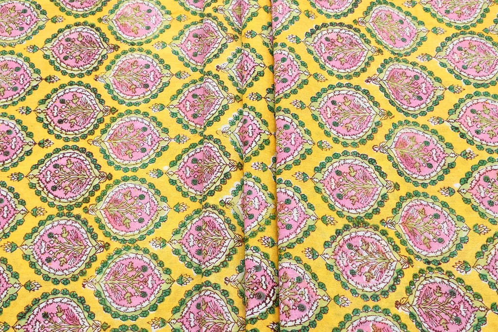 Hand Block Printed Cotton Fabric: Red & Pink Mughal Floral, Indian Textile