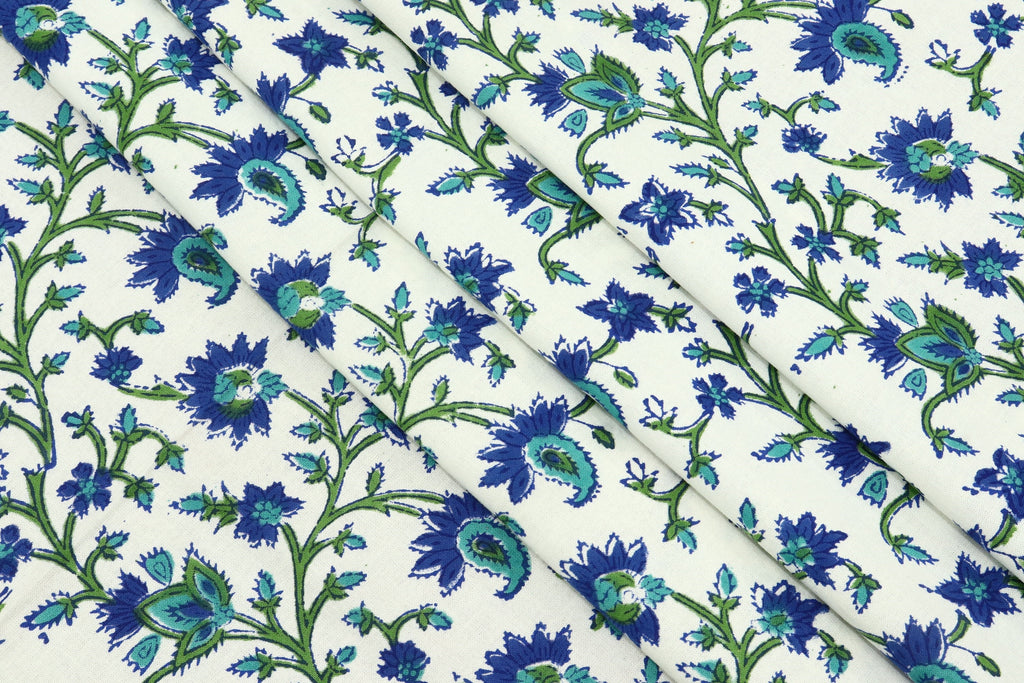 Floral Block Print Cotton Fabric: Blue, Green Mughal Design