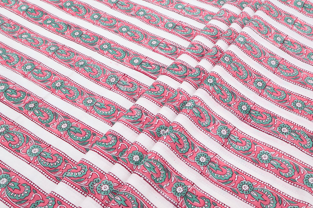 Hand Block Printed Cotton Fabric: Red & Pink Floral Mughal Print