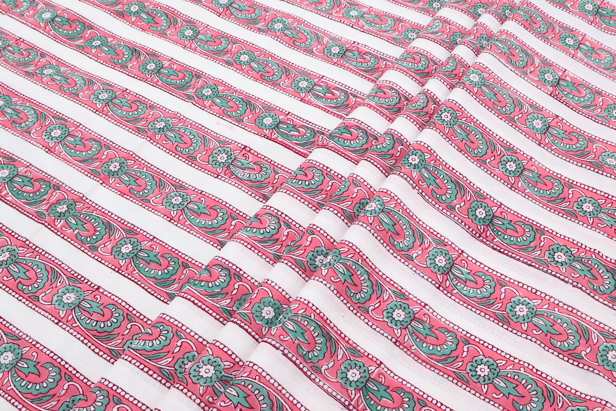 Hand Block Printed Cotton Fabric: Red & Pink Floral Mughal Print