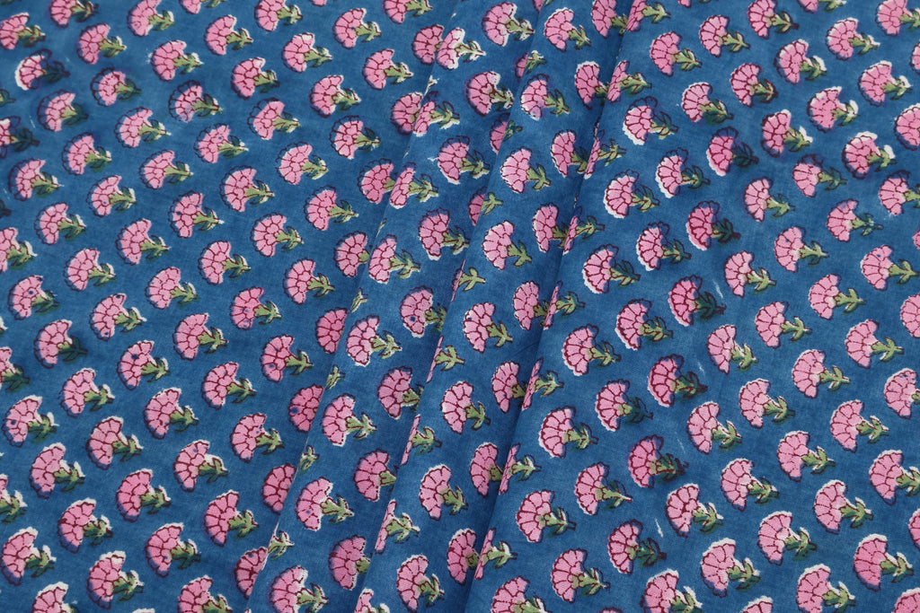 Cotton Floral Hand Block Print Fabric - Pink and Blue Indian Blockprint