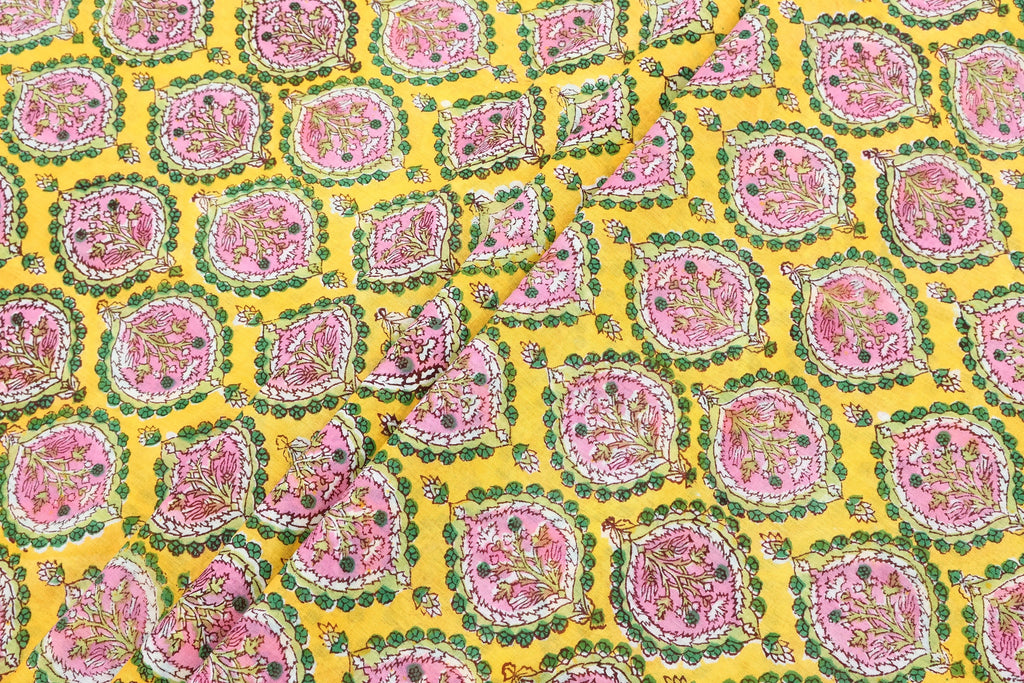 Hand Block Printed Cotton Fabric: Red & Pink Mughal Floral, Indian Textile