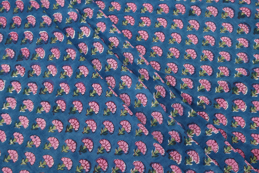Cotton Floral Hand Block Print Fabric - Pink and Blue Indian Blockprint