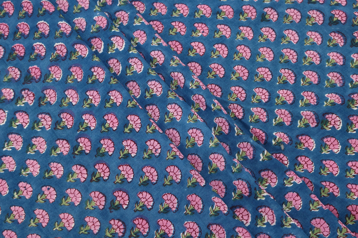 Cotton Floral Hand Block Print Fabric - Pink and Blue Indian Blockprint