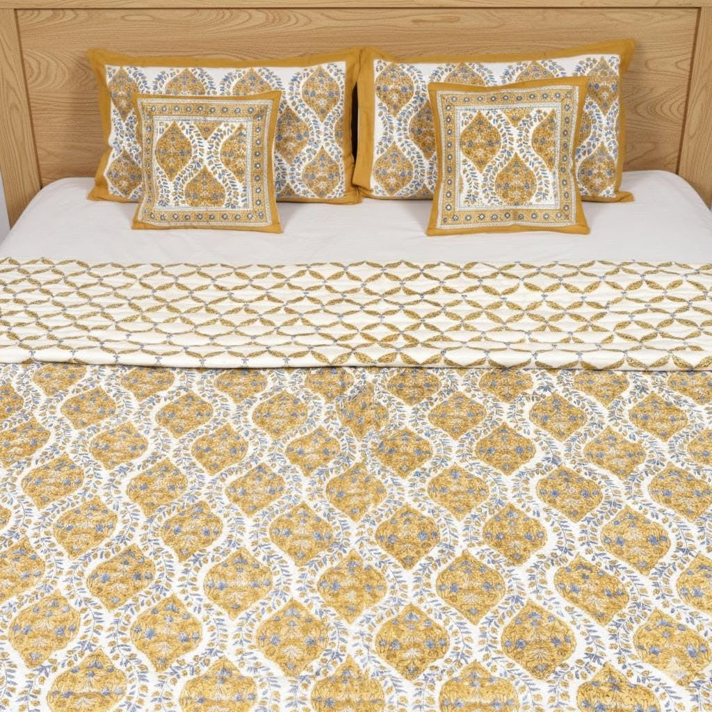 Yellow Floral Hand Block Printed Jaipur Quilt | Cotton Razai