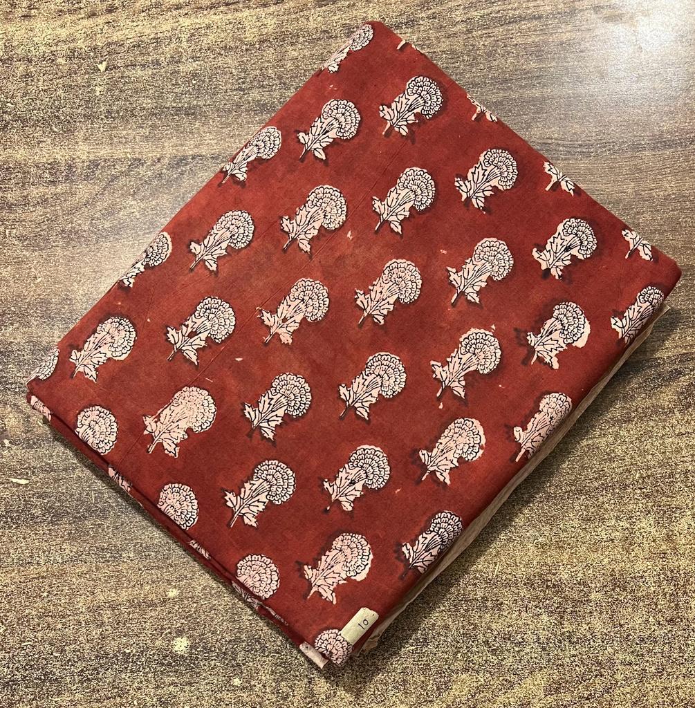 Red & Beige Floral Block Print Fabric: 100% Linen or Cotton by the Yard