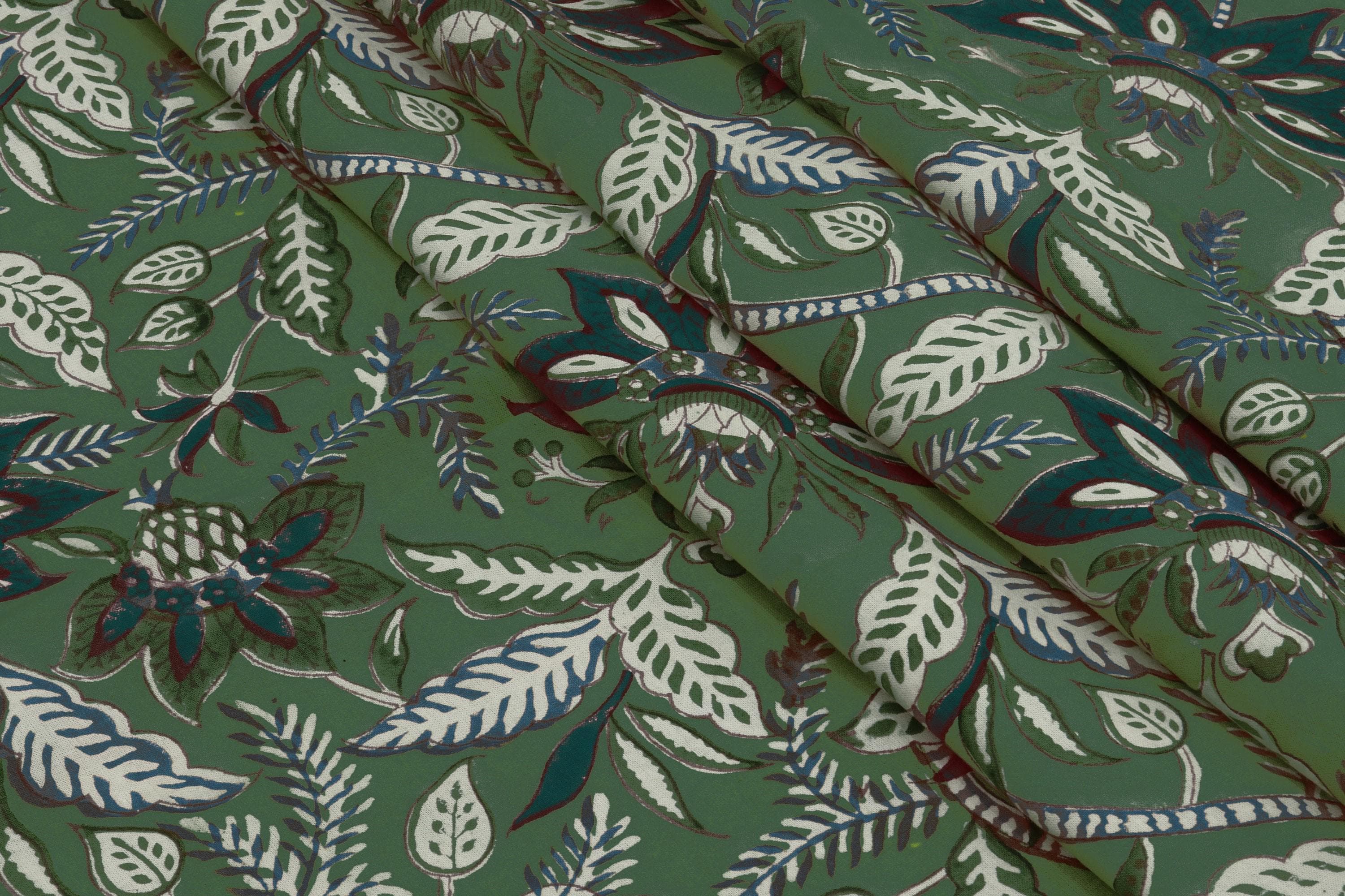 Green Handmade Block Print Cotton Fabric by the Yard | Eco-Friendly & Breathable