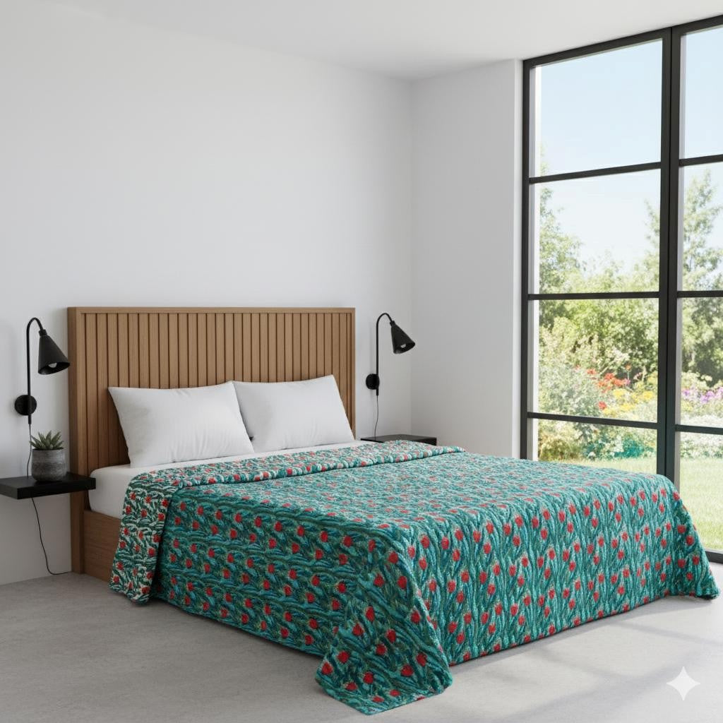 Teal & Red Floral Hand Block Printed Jaipur Quilt | Razai
