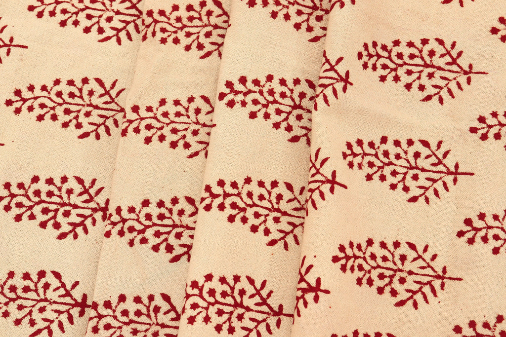 Beige and Red Handmade Block Print Cotton Fabric by the Yard | Eco-Friendly & Breathable