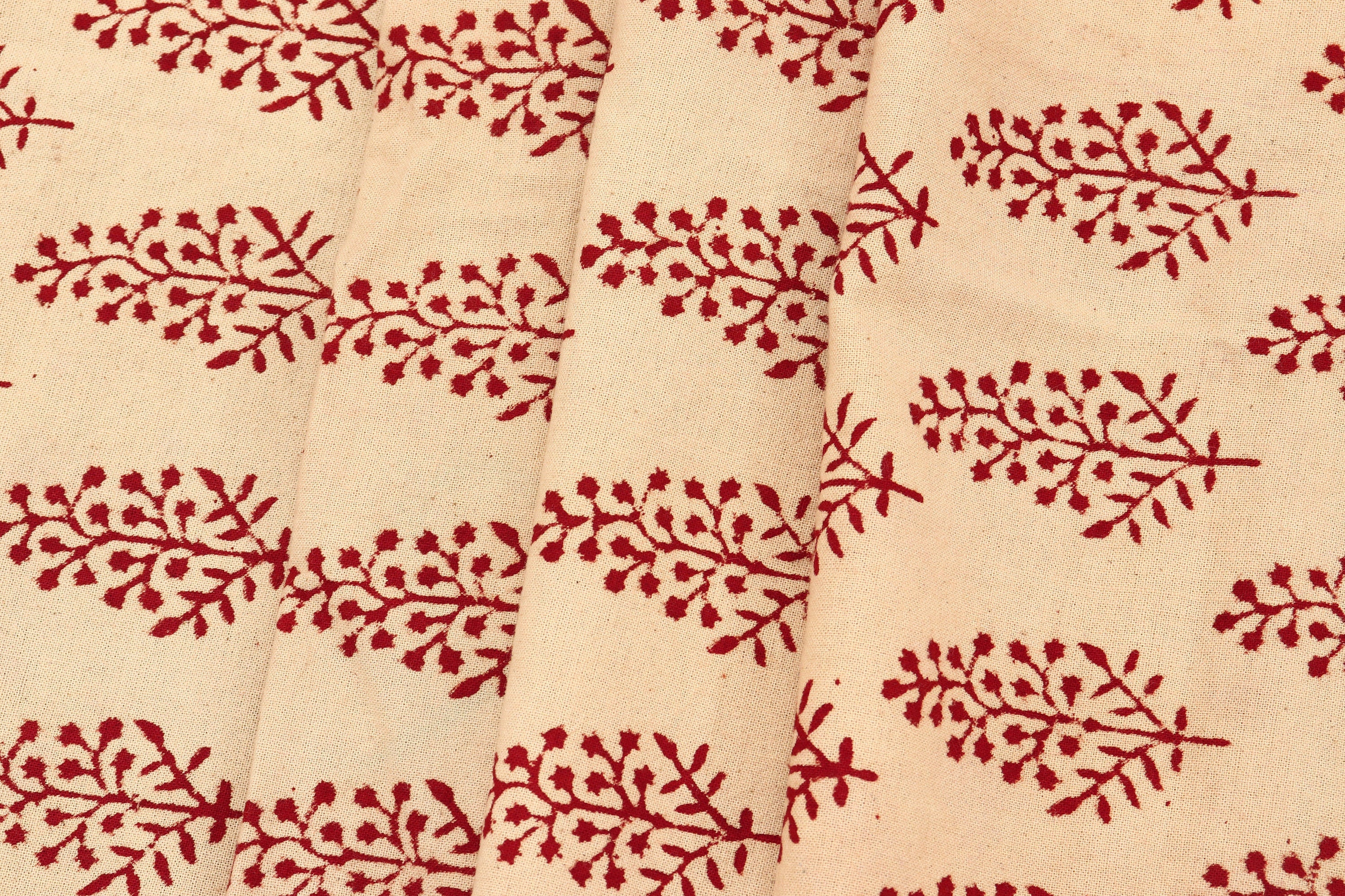 Beige and Red Handmade Block Print Cotton Fabric by the Yard | Eco-Friendly & Breathable