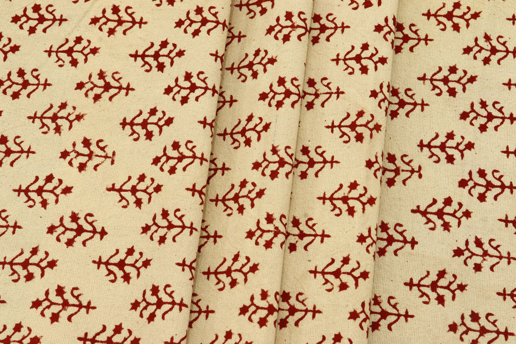 Beige and Red Handmade Block Print Cotton Fabric by the Yard | Eco-Friendly & Breathable
