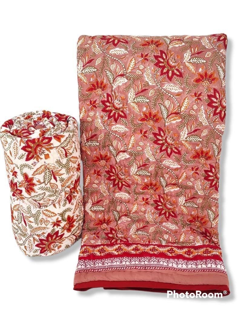Hand-Block Printed Pure Cotton Quilt – Reversible Artisan Bedding | Lightweight Indian Cotton Jaipuri Razai | Hand-Quilted & Eco-Friendly