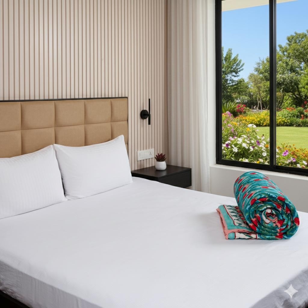 Teal & Red Floral Hand Block Printed Jaipur Quilt | Razai
