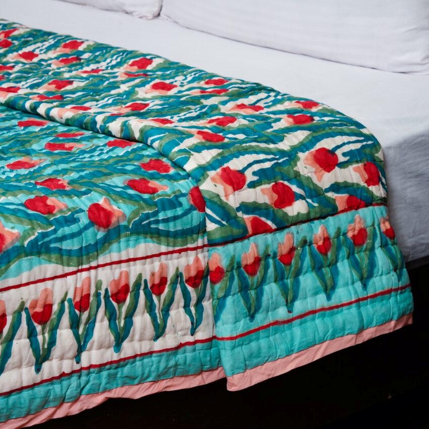 Teal & Red Floral Hand Block Printed Jaipur Quilt | Razai