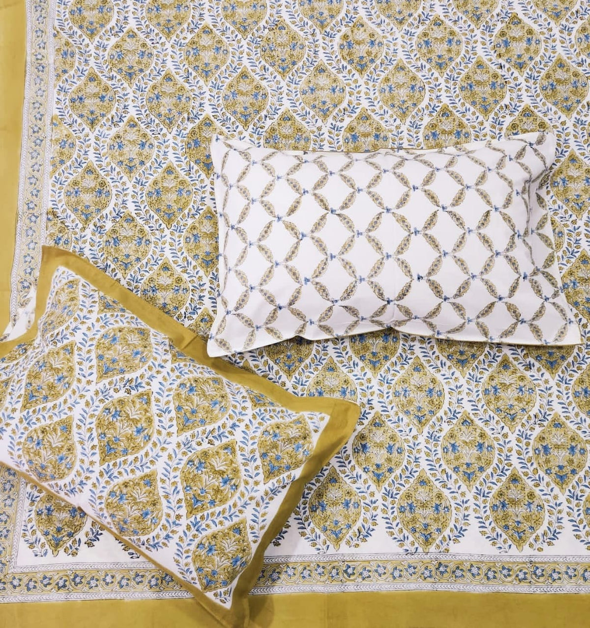 Yellow Floral Hand Block Printed Jaipur Quilt | Cotton Razai