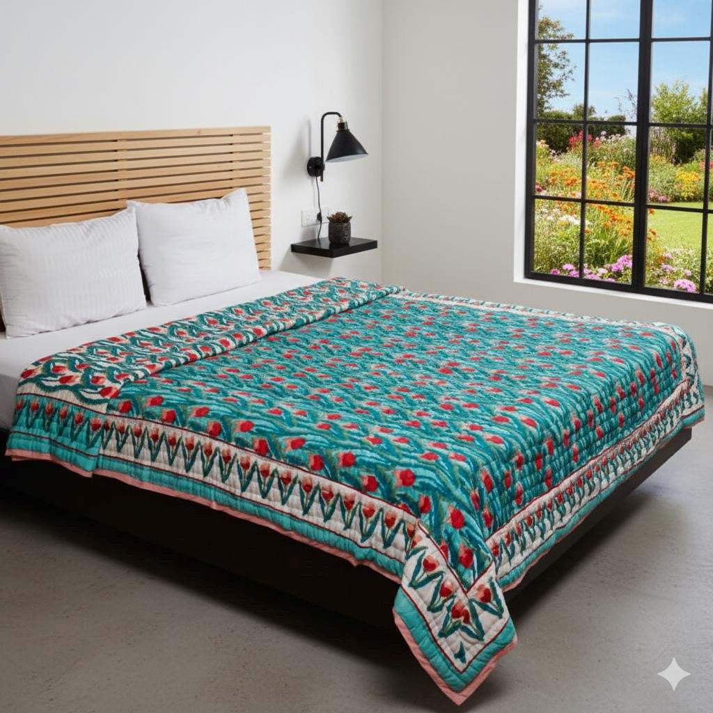 Teal & Red Floral Hand Block Printed Jaipur Quilt | Razai