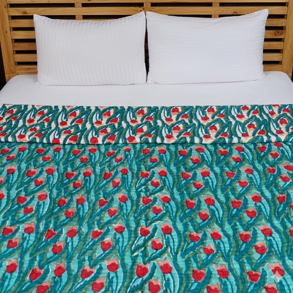Teal & Red Floral Hand Block Printed Jaipur Quilt | Razai