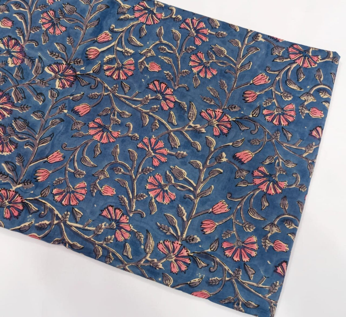 Blue Peach Floral Cotton Fabric: Indian Hand Block Print