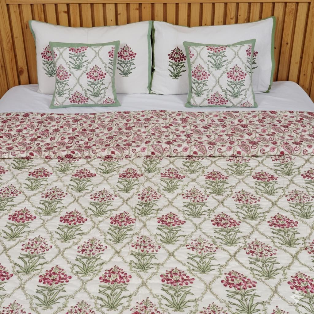 Reversible Cotton Razai & Quilt | Pink Floral Block Print