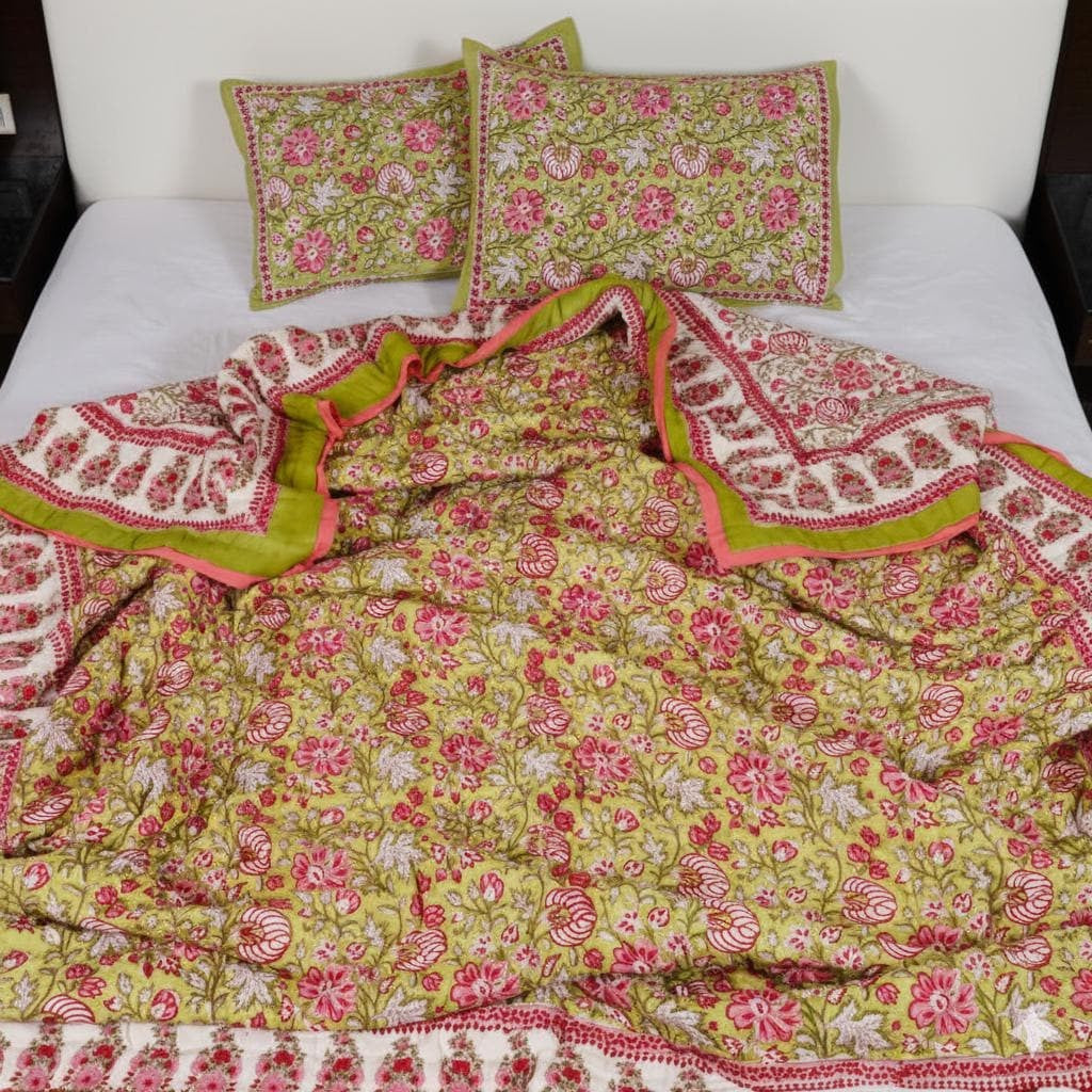 Green & Pink Floral Hand Block Printed Jaipur Quilt | Razai