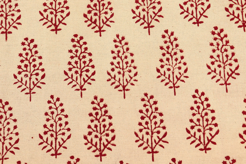 Beige and Red Handmade Block Print Cotton Fabric by the Yard | Eco-Friendly & Breathable