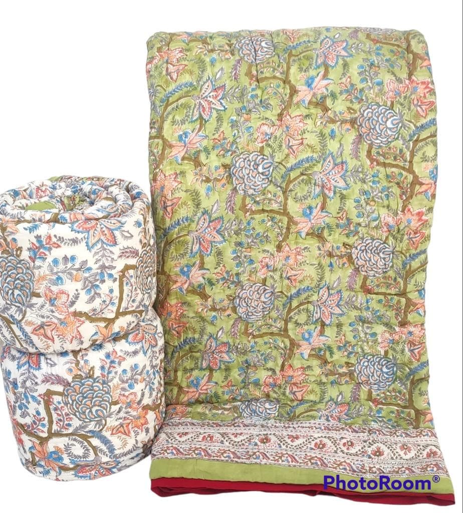 Hand-Block Printed Pure Cotton Quilt – Reversible Artisan Bedding | Lightweight Indian Cotton Jaipuri Razai | Hand-Quilted & Eco-Friendly